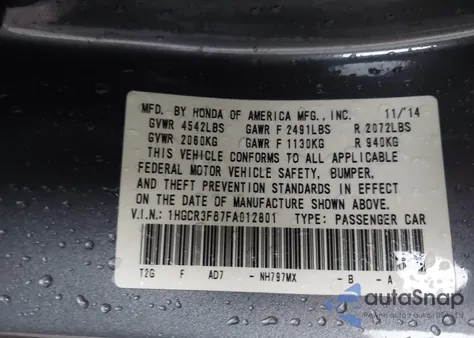 2015 Honda Accord Ex-L V-6 z USA, uszkodzony, nr VIN 1HGCR3F87FA012801